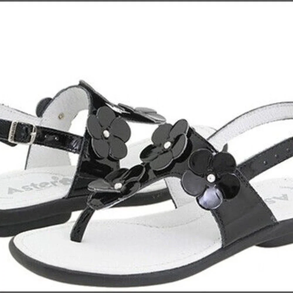 Aster France lk Livie & Luca Black Girls Sandals w/3-D‎ Flowers 24/7 25/8 29/11